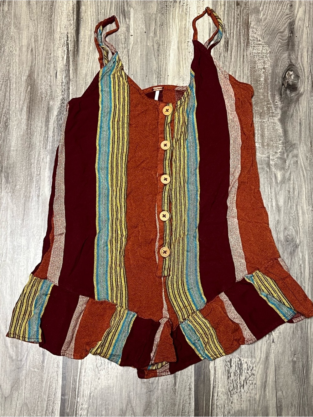 Free People August Striped Button Front Ruffle Mini Romper Red Orange Multi XS